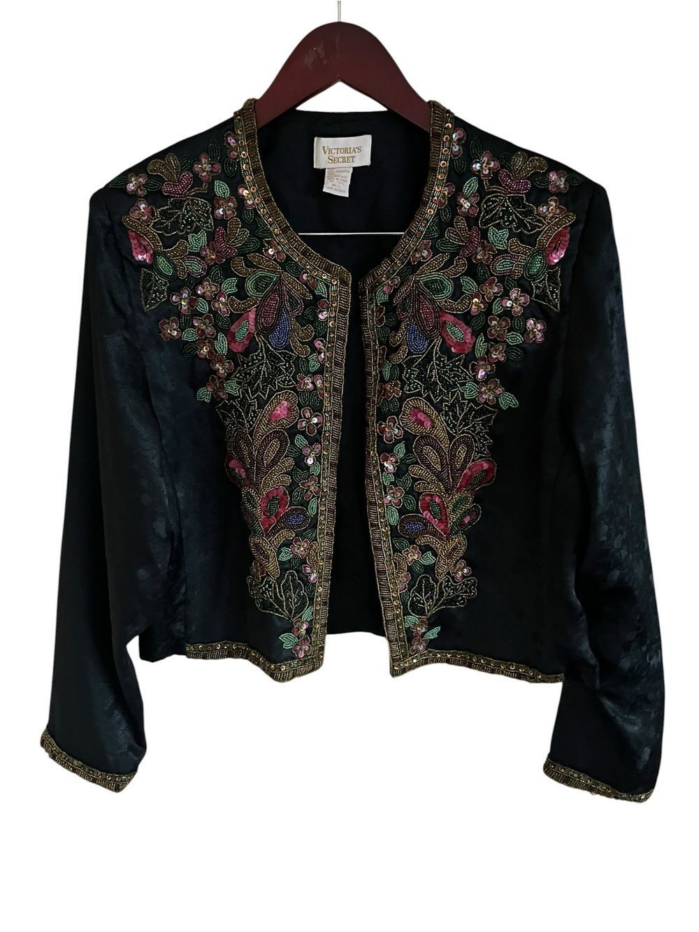 Vintage Victoria's Secret Black Satin Jacket with Multicolor Floral Beading - Picture 2 of 6